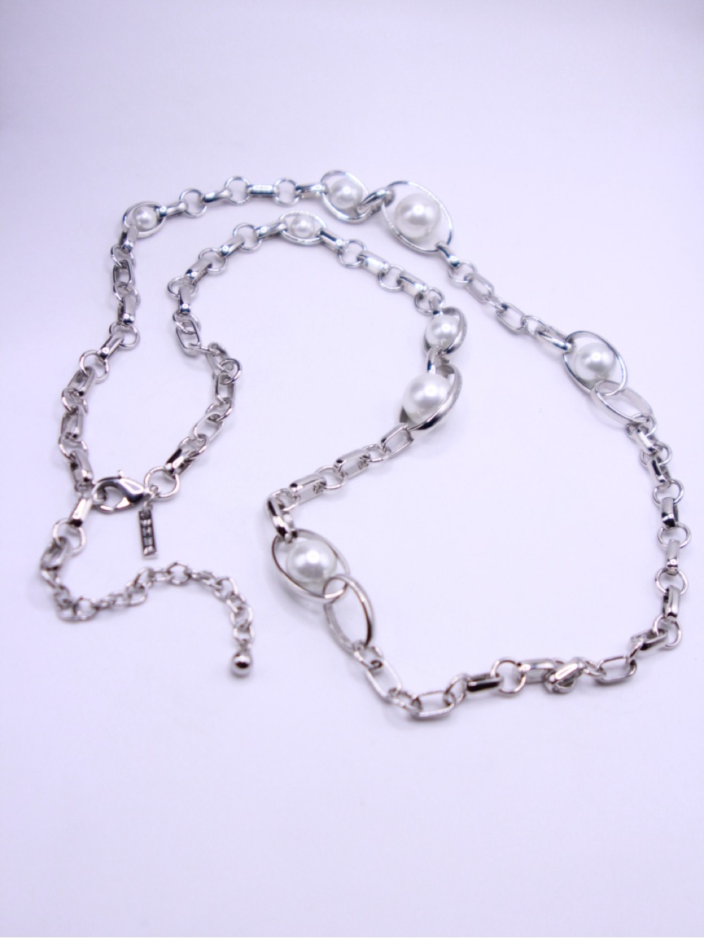 White House Black Market Silver-Tone Chain Necklace White Faux Pearl Stations